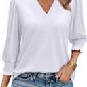 Uhiger Tunic Tops for Women 3/4 Length Sleeve Womens Tops V Neck Blouses Shirts Dressy Casual with Smocked Cuffs (X-Large, White)