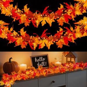 BlcTec Fall Decorations for Home 18 FT Battery Operated Fall Garland with Lights 100 LED Orange Bulbs, 12 Pumpkins, 8 Modes, Timer, Lighted Fall Leaves Garland for Harvest Thanksgiving Decorations