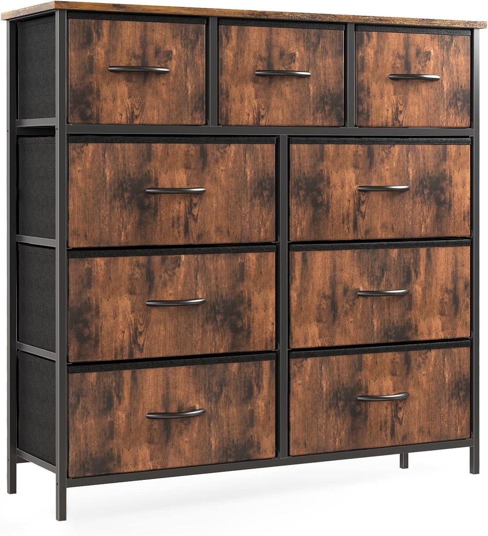 OLIXIS Dresser for Bedroom, 9 Storage Drawers, Wide Fabric Closet Chests Organizer Tower Furniture, TV Stand with Wooden Top Metal Frame for Clothes, Living Room, Hallway, Entryway, Rust