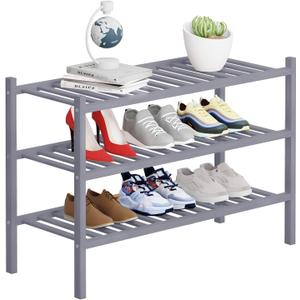 3 Tier Bamboo Shoe Rack Storage Organizer for Closet, Multifunctional Stackable Free Standing Shoe Shelf Organizer for Small Space,Entryway, Hallway, Bathroom27 x11 x20 (Grey, 3 Tier)