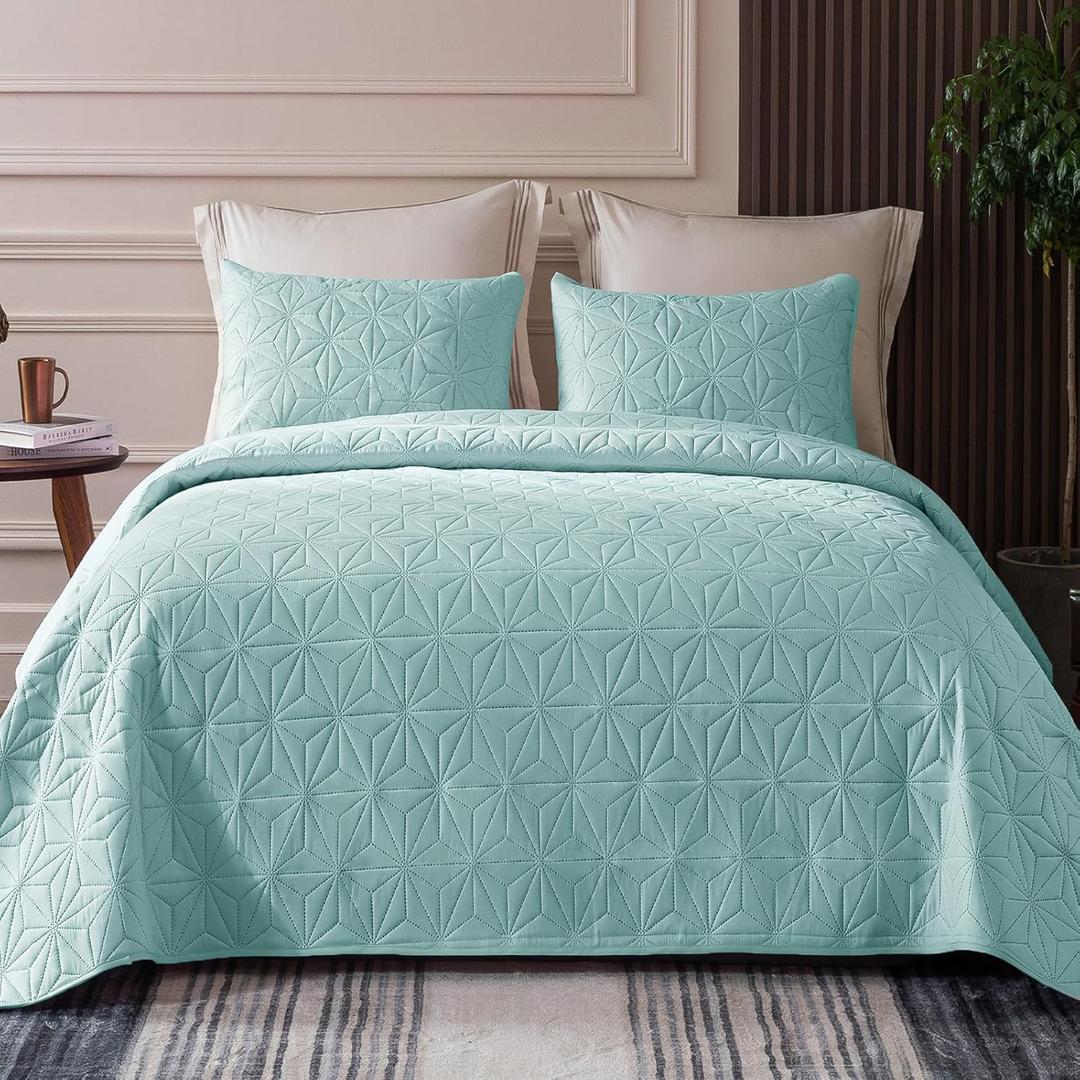 Whale Flotilla Queen Quilt Bedding Set, Soft Aqua Blue Bedspreads Quilts Queen Full Size for All Seasons, 3 Pieces Lightweight Geometric Star Pattern Coverlet