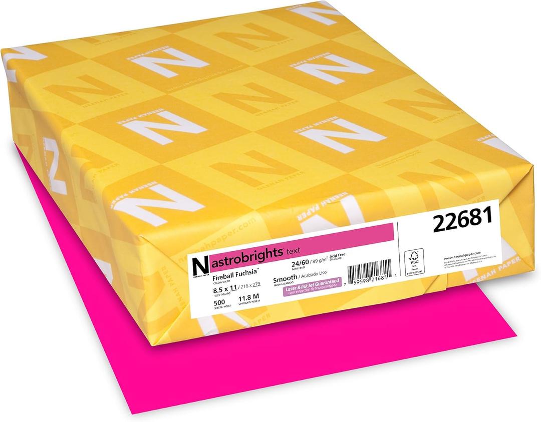 Neenah Astrobrights Bright Color Paper, 8 1/2in. x 11in., 24 Lb, FSC Certified, Fireball Fuchsia, 500 Sheets, 22681