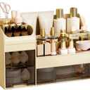 Makeup Organizer with Drawers,Large Cosmetic Storage Box,Countertop Skincare Organizer,ABS Makeup Brush Holder for Bathroom,Desk,Dresser,Multifunctional Beauty Display Case,Cream transparent