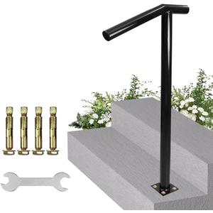 Single Post Handrail, 1-2 Step Handrails-Outdoor Stair Rail-Single Post Wrought Iron Handrail with DIY Tool Kit, 38" H Black Hand Rail Powder Coating for Concrete Steps or Wood Stairs