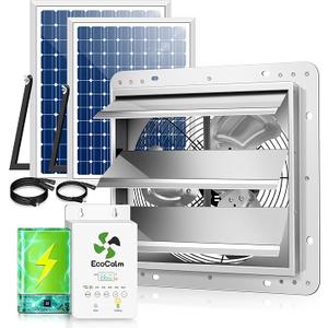 12" Solar Exhaust Fan for Greenhouse with Battery and Adjustable Thermostat, Attic Fans for Garage and Shed with 2PCS 30W Bifacial Solar Panels