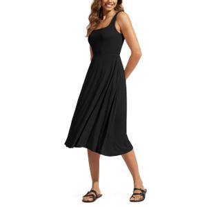 ODODOS Square Neck Midi Dress with Pockets for Women Summer Casual Sleeveless Sundress Flare Tank Dress, Black Onyx (Black, L)