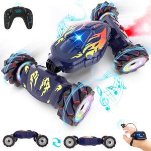 Pristar RC Cars, Gesture Sensing RC Stunt Car Toys for Boys Girls 6-12, 2.4Ghz 4WD Remote Stunt Car with Spray Lights Music 360 Rotate Fast Off-Road Transform, Birthday Xmas Gifts for Kids Age 6-12 (Blue-flame)