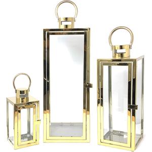 Allgala 3-PC Lantern Set 23 Inch Jumbo Deluxe Modern Indoor/Outdoor Candle Lantern Set Stainless Steel Frame Tempered Glass Rectangular Gold Color for Garden Poolside Fireplace Wedding