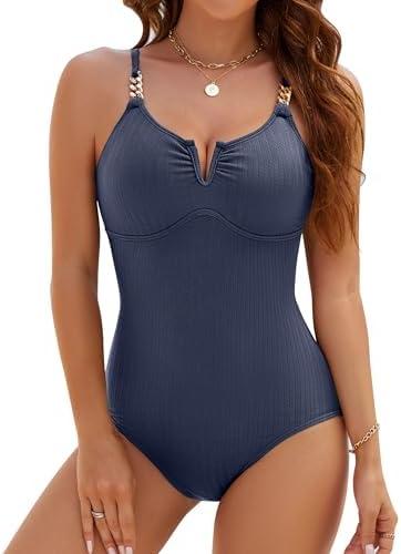 Blooming Jelly Womens One Piece Swimsuit V Wire Push Up Ribbed Slimming Tummy Control Bathing Suit Modest High Cut Swimwear size M