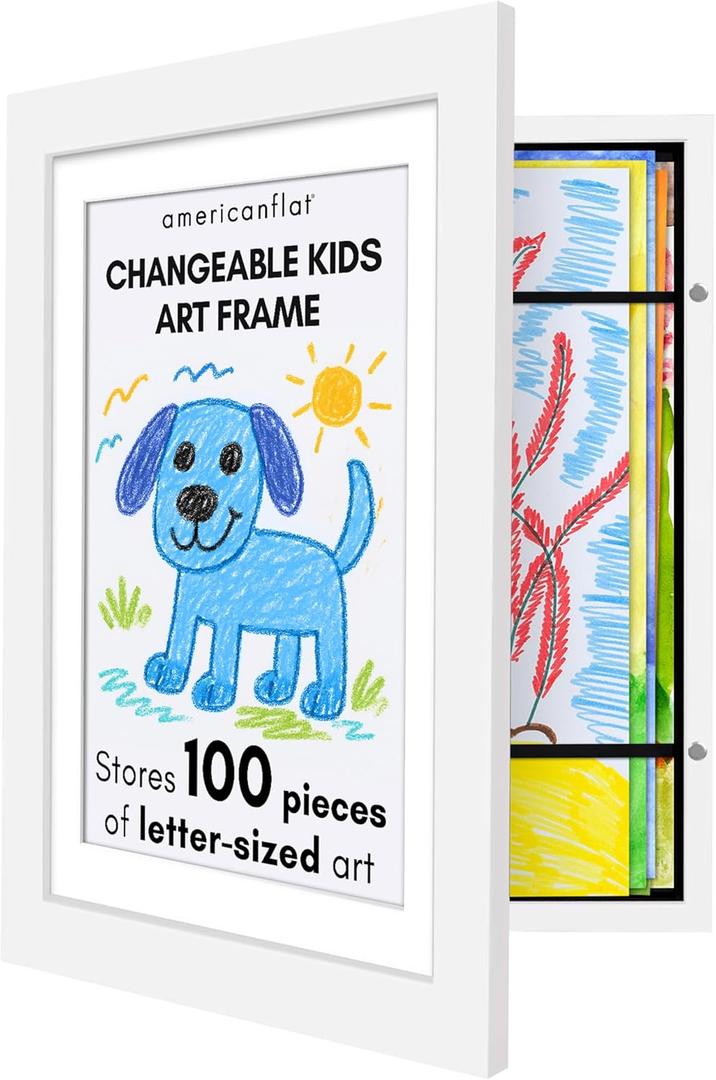 Americanflat Kids Artwork Frame Changeable (White) - Magnetic Door Holds 100 Art Pieces - 8.5x11 Letter Size Display with Mat or 10x12.5 Without Mat - My Mini Masterpiece