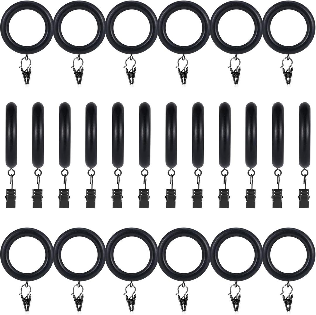 24 Pack Wooden Curtain Rod Rings with Drapery Clips Farmhouse Beech Wood Drapes Rings 1.8 Inch Interior Diameter Rustic for 1.4 Inch Curtain Rod Pole (Black, Inner Dia 1.8 in)