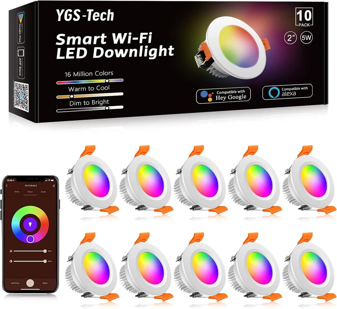 YGS-Tech Smart 2 Inch LED Recessed Lighting RGB WiFi Downlight, 5W Compatible with Alexa and Google Home, Dimmable RGB & CCT 2700-6500K Color Changing, 120V Ceiling Light with LED Driver (10 Pack) (RGB (Red, Green, Blue)) YGS-Tech Smart 2 Inch LED Recessed Lighting RGB WiFi Downlight, 5W Compatible with Alexa and Google Home, Dimmable RGB & CCT 2700-6500K Color Changing, 120V Ceiling Light with LED Driver (10 Pack) (RGB (Red, Green, Blue))