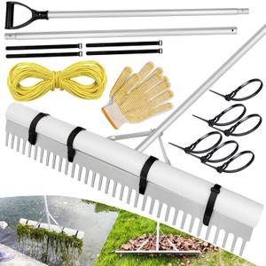 Pond Rake, 36" Aquatic Lake Weed Rake with 11'(132'') Adjustable Extension Pole, Rope and Float, 52' Throw, Aluminum Landscape Harrow for Lake, Lawns, Gardens, Beach