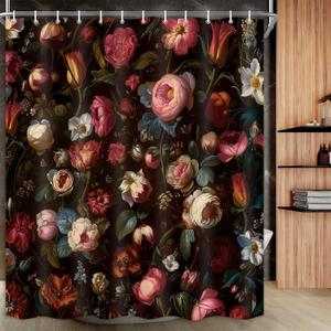2 x Drgilau Floral Shower Curtain, Black Boho Flower Shower Curtains Vintage Floral Bath Curtain Set Decor, Pink Plant Flower Bathroom Curtains with Hooks for Bathroom Decor 70X90 Inch