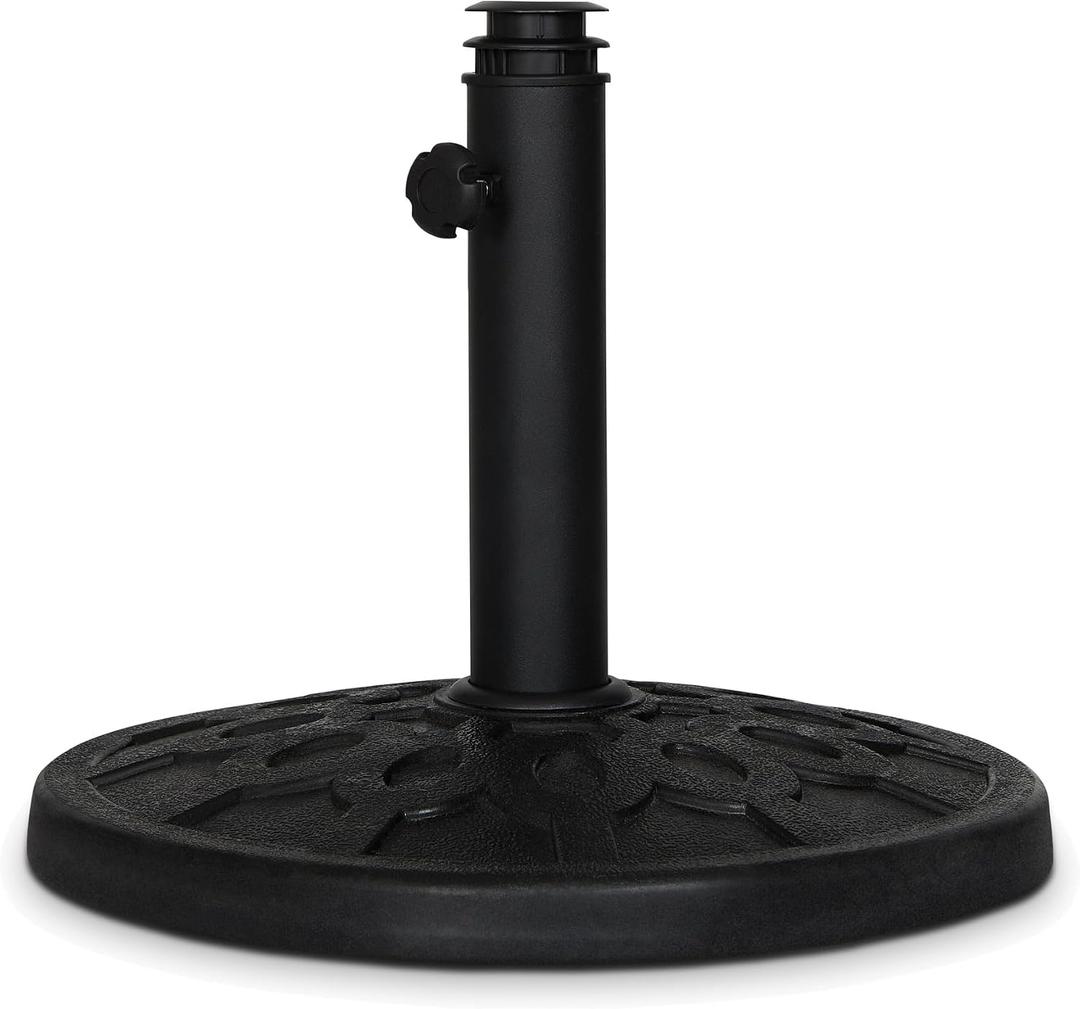 Backyard Expressions 20 lb Round Patio Umbrella Base – Heavy Duty Resin-Coated Calcium Carbonate Stand with Adjustable Pole Adapters Fits 1.5"–2" Poles, Weather-Resistant, Black Finish, 108 inches diameter