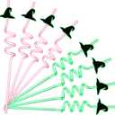 Teenyyou 24pcs Reusable Plastic Drinking Straws Crazy Wizard Party Favors Straws, Wizard Hat Shape, Green and Pink Colors, for Themed Party Decor Witch Birthday Supplies