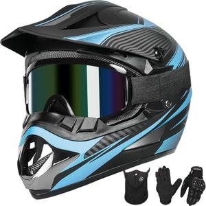 Youth Dirt Bike Helmet Quick Release Buckle - Dirt Bike Helmets for Kids 8-14, Youth ATV Helmet (Gloves Goggles Mask) 4Pcs Set - DOT Approved (Large, Blue)