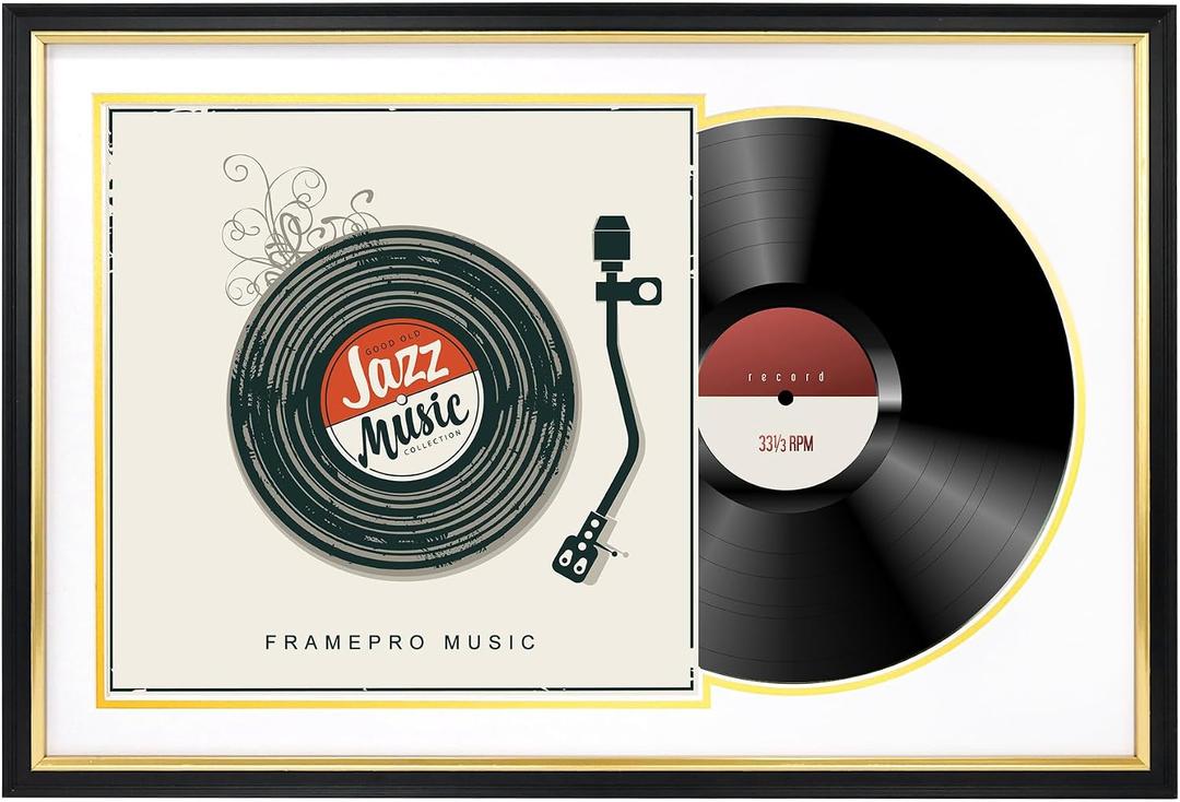 FramePro Record Frame with 2 Double Sided Mats (White over Gold), Jukebox Record Album Frames for 12x12 LP Covers, Vinyl Record Display Wall Mounting, Home Decor, Black Picture Frame with Gold Trim, 16x23.5 White over Gold Mat