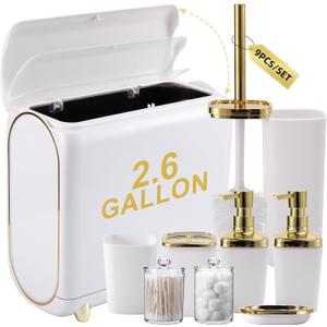 XLHOMO Bathroom Accessories Set, 9 Pieces White Bathroom Set, Bathroom Accessory Set with Slim Trash Can,Soap Dispenser,Toilet Brush,Toothbrush Set, Qtip Holders for Housewarming