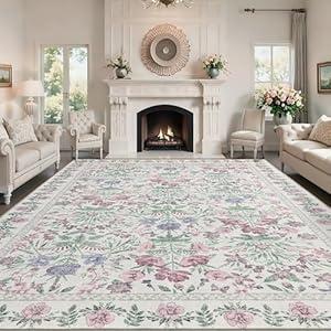 Arvenchy Boho Washable Area Rug: Floral Purple 9x12 Rug for Living Room Girls Bedroom Nursery Home Decor  Soft Vintage Carpet NonSlip StainResistant Kids Pet Friendly