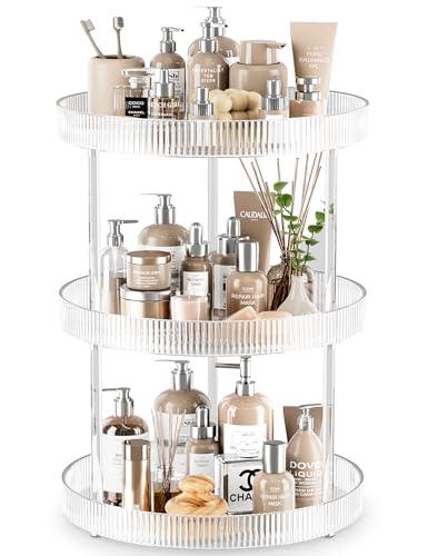 3 Tier Lazy Susan Bathroom Countertop Organizer, 360° Clear Rotating Makeup Cosmetic Perfume Storage Tray, Spinning Vanity Organizer Shelf for Bathroom Cabinet, Dresser, Kitchen(Large)