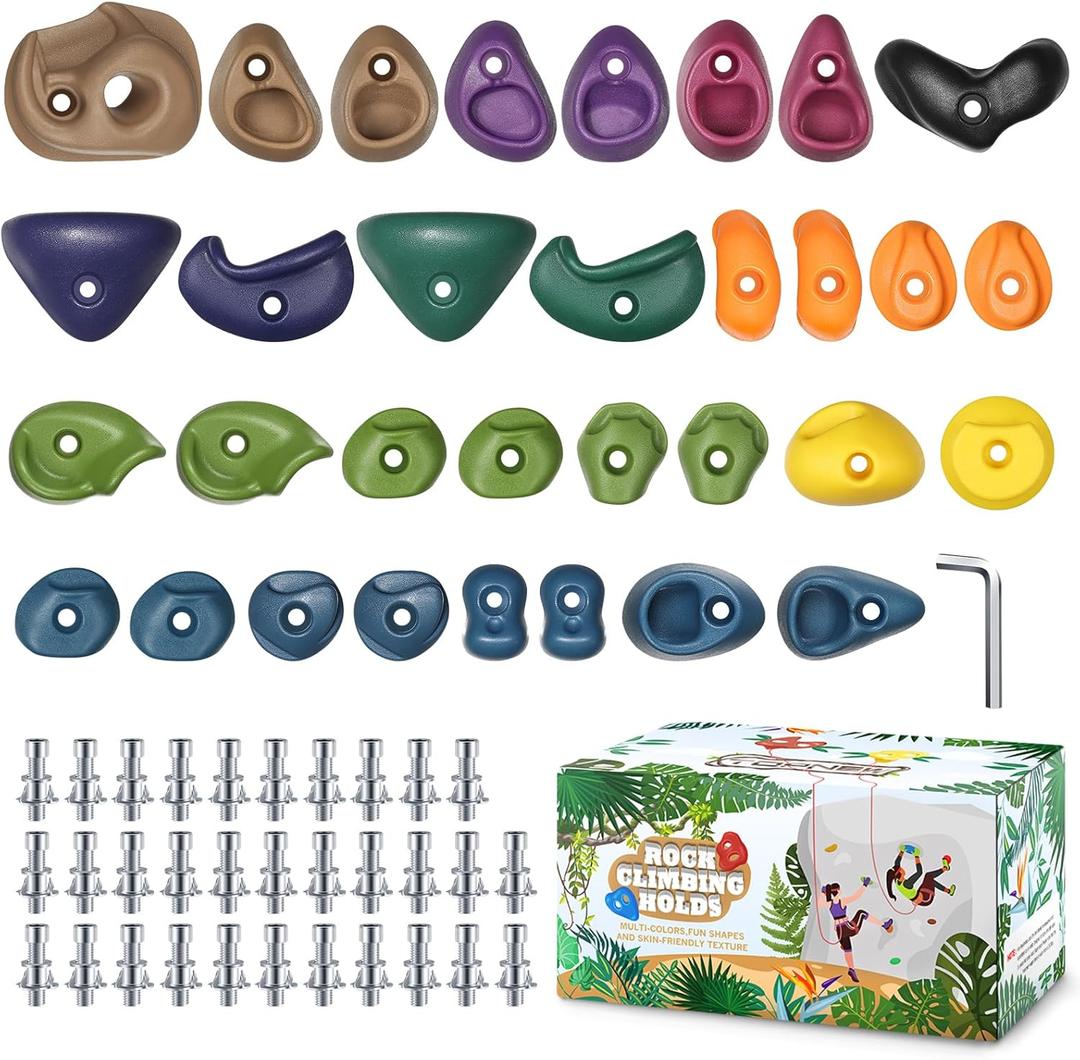 TOPNEW 32PCS Rock Climbing Holds with Mounting Hardware - Climbing Rocks for Indoor/Outdoor Kids Adults Rock Wall, Play Set & Climbing Gym, Dark Color
