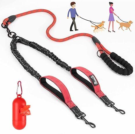 Lukovee Double Dog Leash, No Tangle 360° Swivel Heavy Duty Reflective Lead with Padded Handle Dual Dog Splitter, Comfortable Shock Absorbing Walking Training for Small Medium Large Dogs(Red,L)