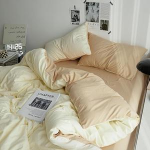 SRVEINE Solid Color 100% Washed Cotton Duvet Cover Set, 4-Piece Reversible Quilt Cover Queen Size, Soft Comforter Bedding Cover with Zipper Closure and 4 Corner Ties(Cream Color, Full)