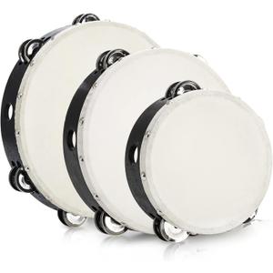 Tosnail 3 Pack 10 Inch, 8 Inch, 6 Inch Wooden Tambourine, Hand Held Drum Bell, Double Rows Metal Jingles, Musical Gift Educational Instrument, Black