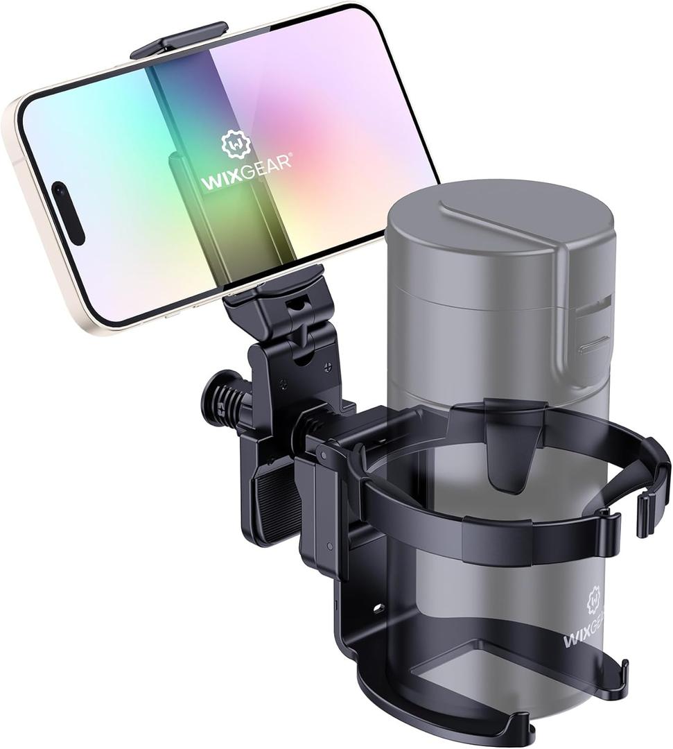 WixGear Stroller Cup Holder with Phone Stand, Cup Holder for Walker and Wheelchair, Versatile Cup Phone Holder for Stroller, Easy Install and Secure Grip for Mobility Aids