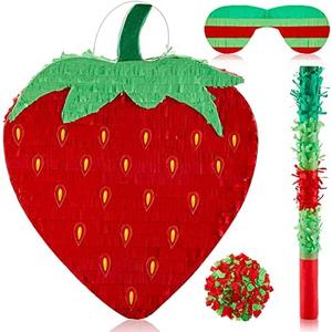 Sotiff 17" Strawberry Piñata Summer Fruit Piñata for Strawberry Birthday Party Summer Fruit Themed Party Game Supplies with Stick Eye Mask Confetti