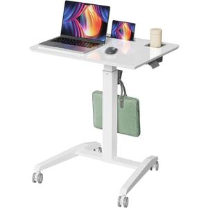 Glass Mobile Standing Desk, Height Adjustable Rolling Laptop Table, 27 inches Portable Sit Stand Desk with Wheels and Hook, Pneumatic Computer Workstation, White