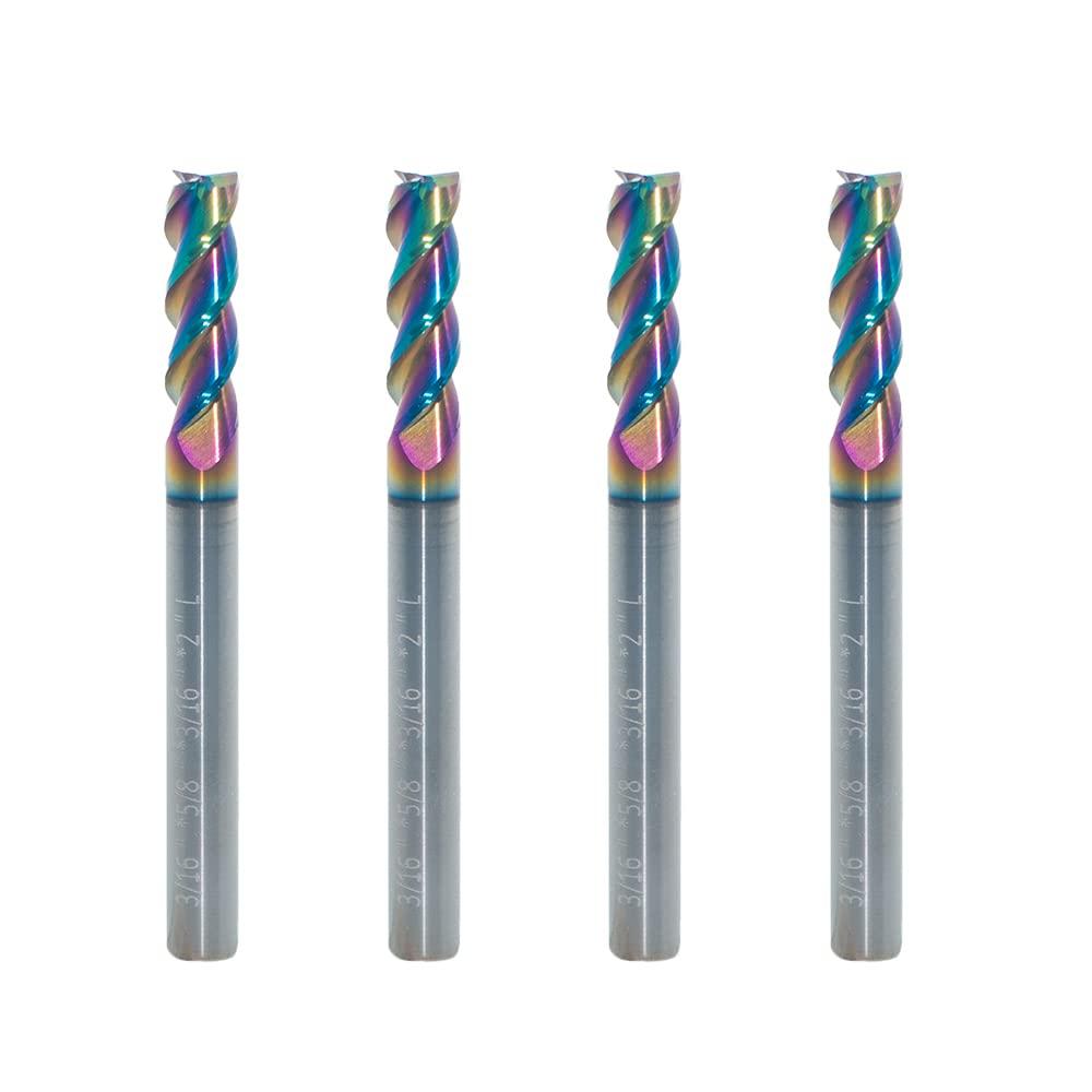 Carbide Square End Mill for Aluminum, Copper Alloy, Plastic, 3/16" End Mill Bits, 3 Flute HRC 55 Deg DLC Coating, CNC Router Bits (4 Pieces)