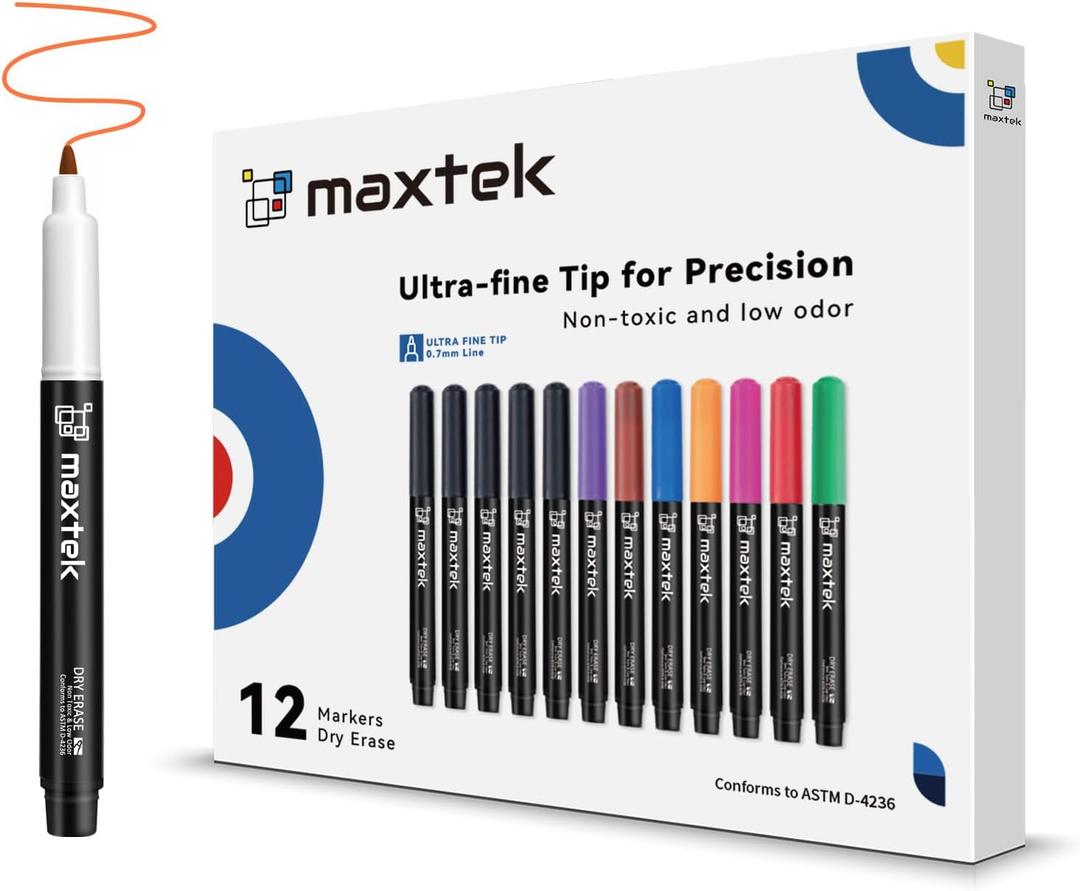 maxtek Dry Erase Markers Ultra Fine Tip, 0.7mm, Low Odor,12 Count Whiteboard Markers, 8 Assorted Colors