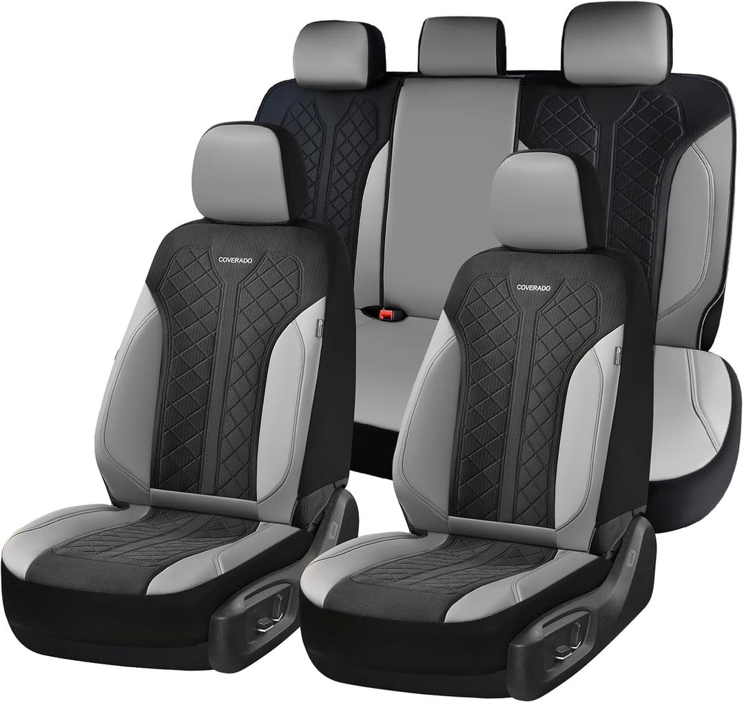 Coverado Automotive Seat Covers Full Set, Luxury Car Seat Covers, Leather Seat Covers, Mesh Design, Black Driver Seat Protectors, Universal Fit for SUVs, Trucks, Sedans