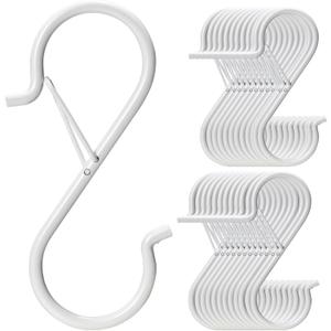 24 PCS S Hooks for Hanging with Safety Buckle, 3.5 inch Heavy Duty Metal S Shaped Hooks Stainless Steel for Hanging Kitchen Utensil, Cups, Pots, Plants, Bags, Hats (White)