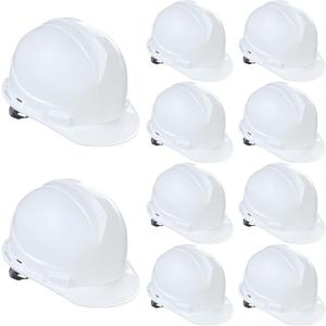 10 Pieces Suspension Hard Hat Construction Hard Hats Bulk for Safety Ratchet Cap Style with Self Adjusting Crown Straps for Men Women (White)