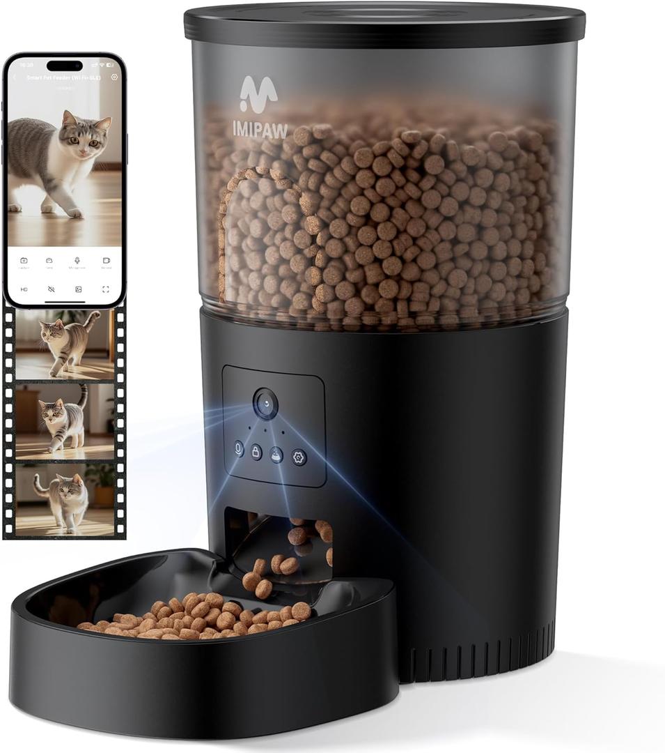 IMIPAW Automatic Cat Feeder with Camera, 1080P HD AI Pet Recognition Recording, 5G WiFi APP Remote Control, Timed Programmable Food Dispenser, Two-Way Audio, with Night Vision Function and Desiccant (Black)