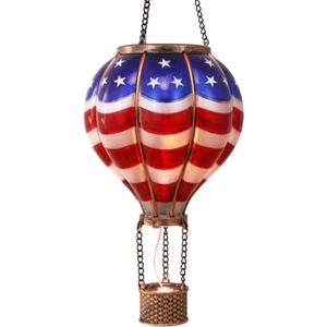 TERESA'S COLLECTIONS Hot Air Balloon Solar Lantern for Patriotic Garden Decor, 4th of July Hanging Flickering Flame Outdoor Lights for Trees, Blue&Red Memorial Day Decorations for Party Gift for Mom