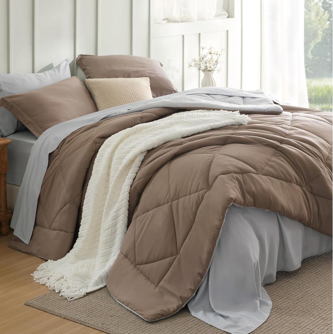 Bedsure King Size Comforter Set - 7 Pieces Reversible Brown Bedding, King Size Bed Set for All Seasons, Bed in a Bag with Down Alternative Comforter, Sheets, Pillowcases & Shams