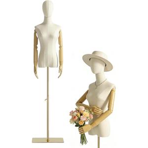 Female Mannequin Dress Form Torso, Display Mannequin Body with Detachable Head, Wooden Hands and Golden Adjustable Height Stand, for Dress Jewelry Display, Beige (Gold)