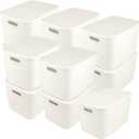 11 Pcs White Plastic Storage Bins with Handle and Lids 14 x 10.5 x 9.6 Inches Containers Box Stackable Storage Baskets for Playroom Classroom Office Shelves Desktop Drawers Organization