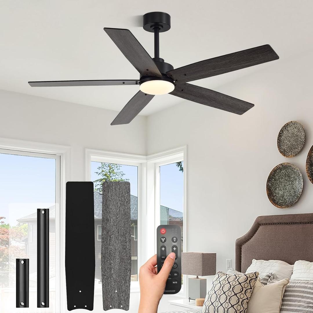 Modern 52 Inch Ceiling Fans with Lights and Remote for Bedroom Living Room Kitchen Home Office Indoor/Outdoor, 18W 3CCT Dual Color 5 Blades 6 Speed Reversible Quiet DC Motor, Black/Wood Grain