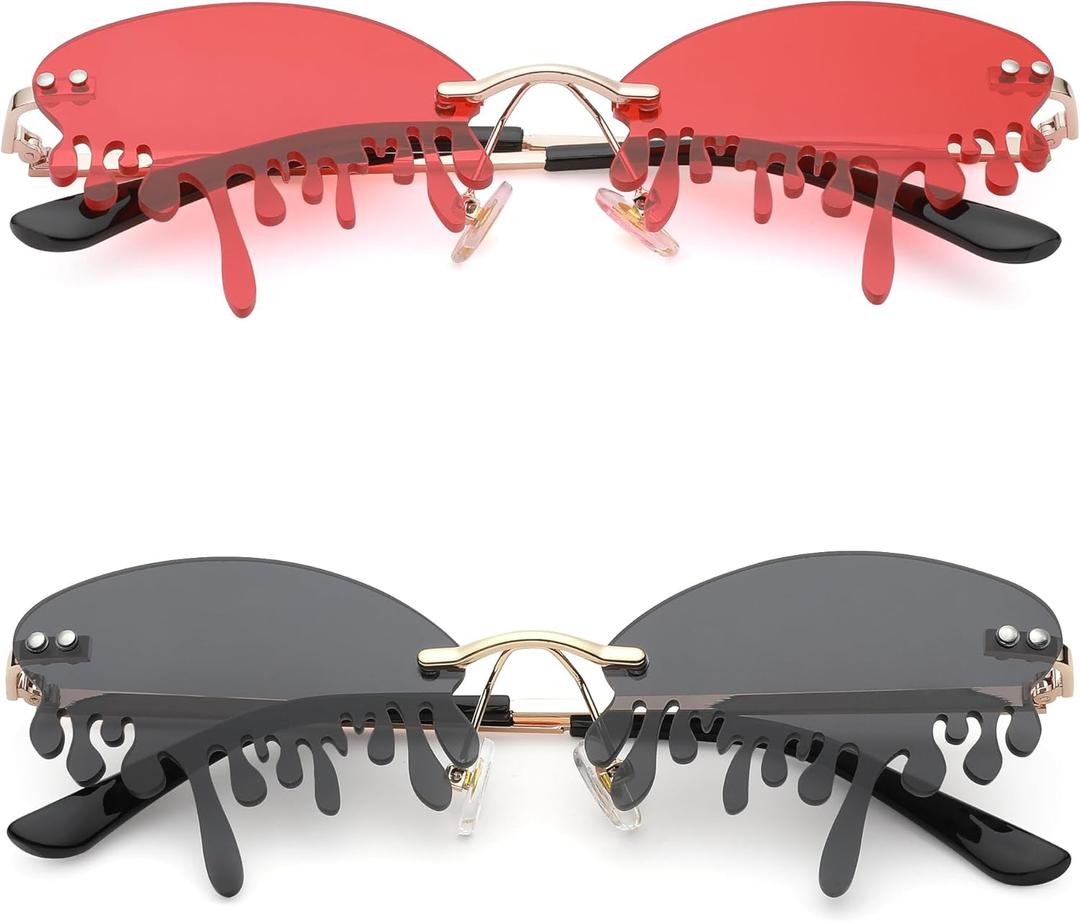COASION Fire Flame Heart Sunglasses for Women Men Rimless 2 Pack Red Orange Pumpkin Glasses Halloween Party Costume (Tears/Red + Tears/Gray)
