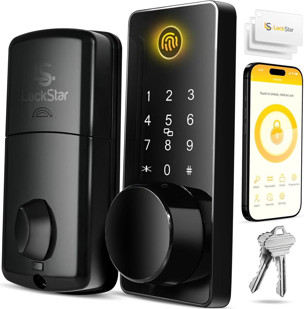 LOCKSTAR Smart Door Lock  Keyless Entry Deadbolt Door Lock  Multiple Entry Methods  APP  Fingerprint Touch ID  Keypad Code  Card FOB  Traditional Key  Smart Home Devices (Black)