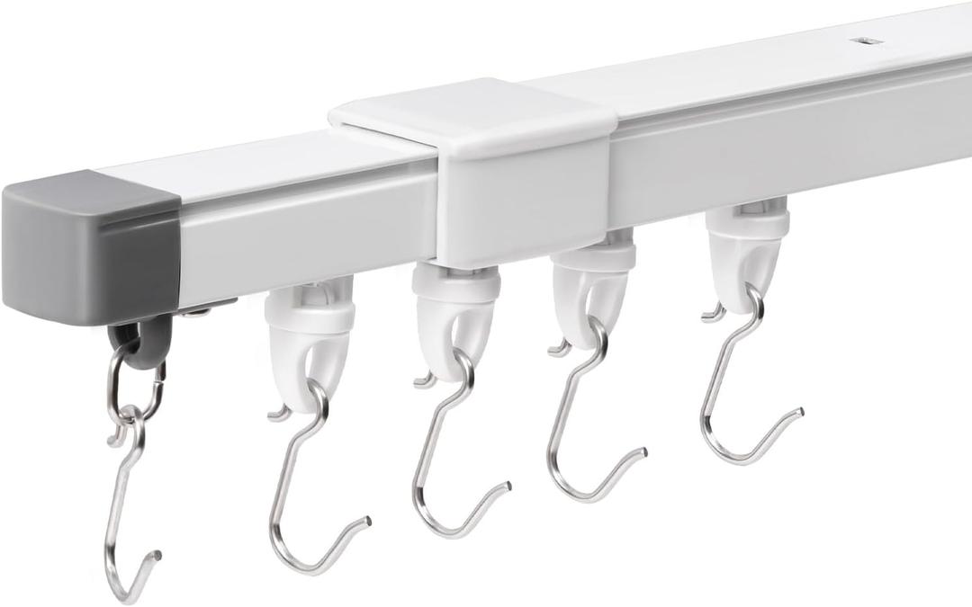 Zeerobee Telescopic Ceiling Curtain Track System, Retractable Ceiling Track for Curtains, 4.3-7.8ft Adjustable Length, Curtain Tracks for Room Divider, Wall Mount Rail Set with Rollers Hooks