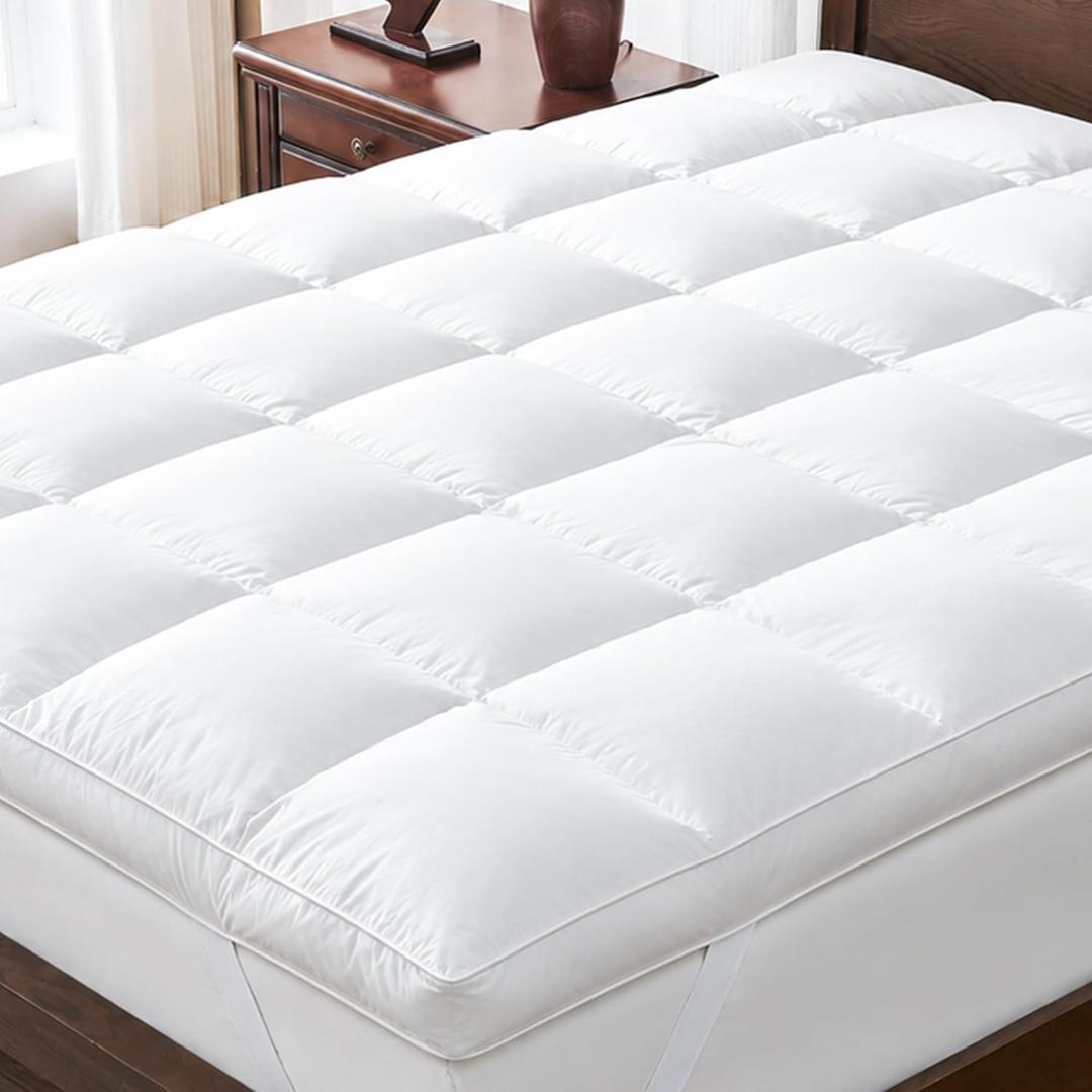 Dual Layer Goose Feather Down Mattress Topper Queen, White Feather Bed Topper, Down Mattress Protector with Straps, Pillowtop Featherbed Pad, 100% Organic Cotton Fabric (78x80 Inch), King
