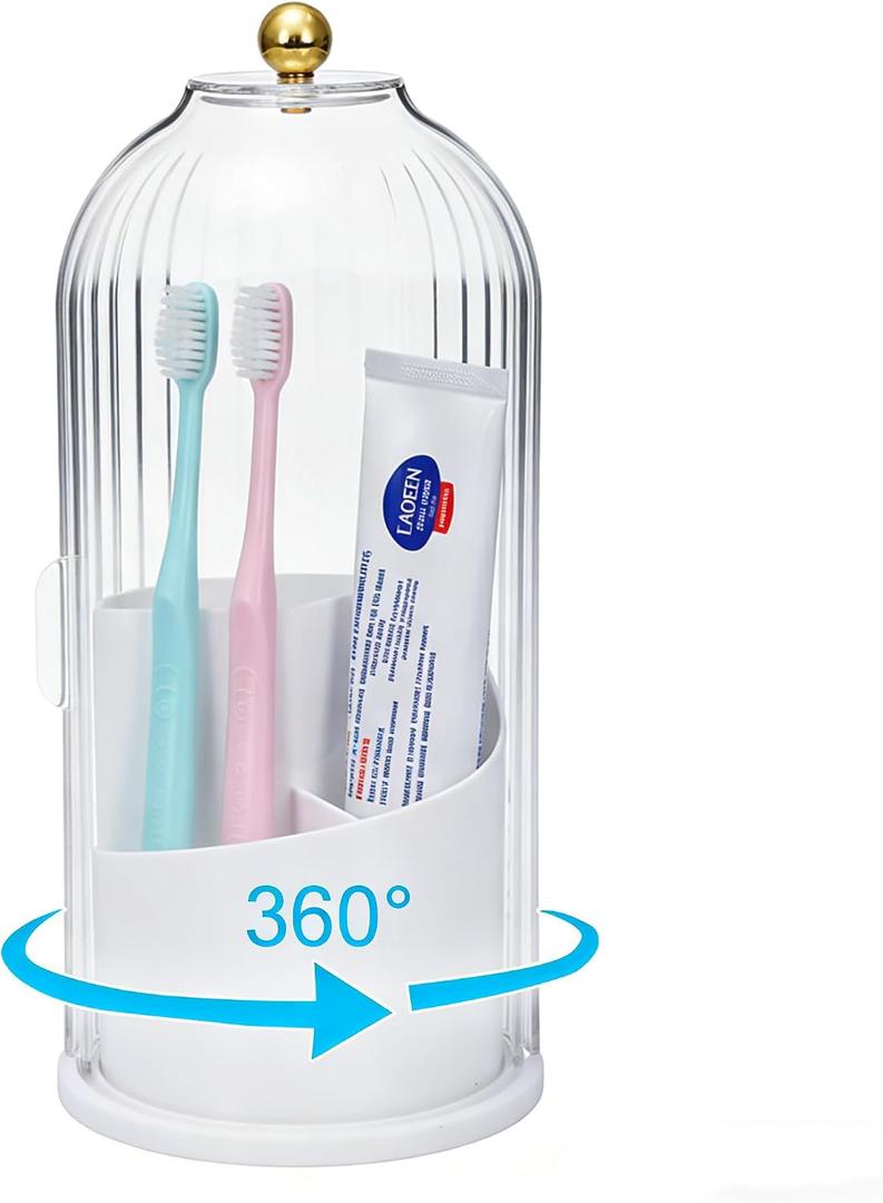 Rotating Toothbrush Holder with Cover - 360 3-Slot Bathroom Organizer for Toothbrush, Makeup Brushes, Razor. Features Detachable Drainage Base & Anti-Slip Pad for Countertop.