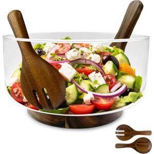 Premium Large Glass Salad Bowl Set with Acacia Wood Base and Serving Utensils - Ideal for Hosting Parties, Host Family Gatherings, and Everyday Use - Elegant, Durable, and Practical Kitchen Essential