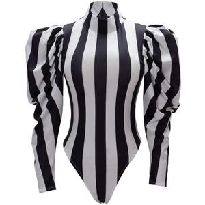 CosplayDiy Women's Black White Striped Jumpsuit Adult Sexy Bodysuit Cosplay Costume (Large)